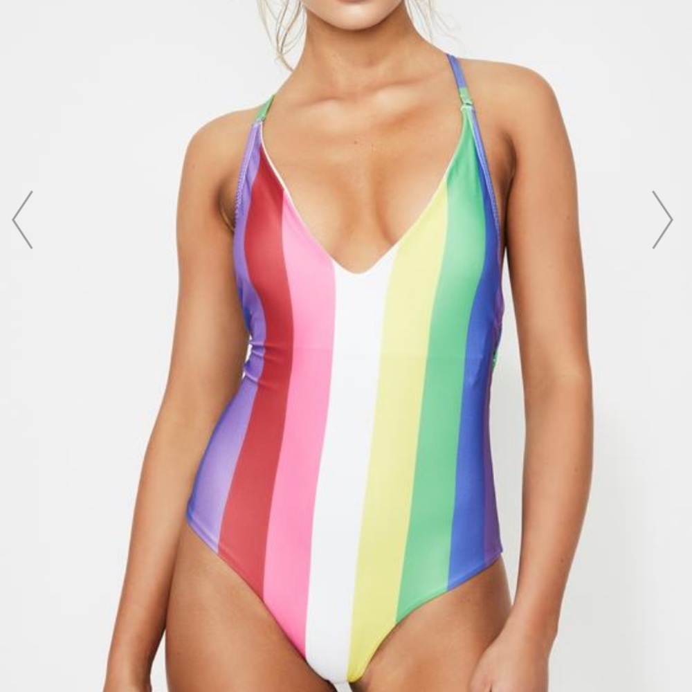 Towers Swimwear for Dolls Kill Rainbow multi striped one piece bathing suit SM